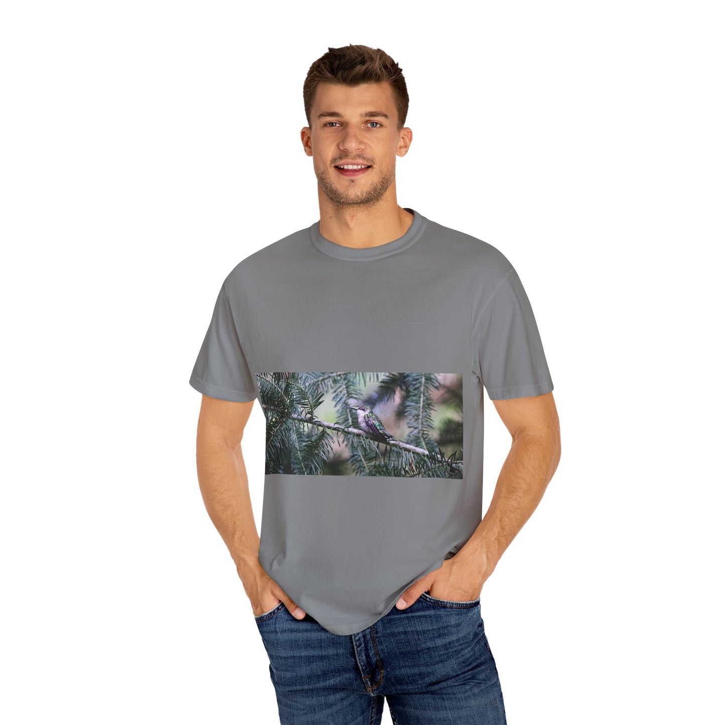 Emerald Wings: Hummingbird in Conifer Haven, Wildlife Macro Photographyphotography shirts