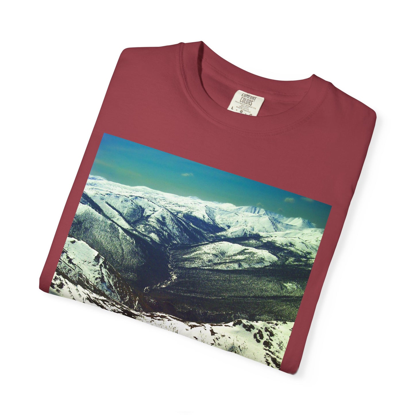 Alpine Winter Panorama: Aerial Mountain Landscape, Snow-Capped Wilderness, Pristine Winter Terrainphotography shirts
