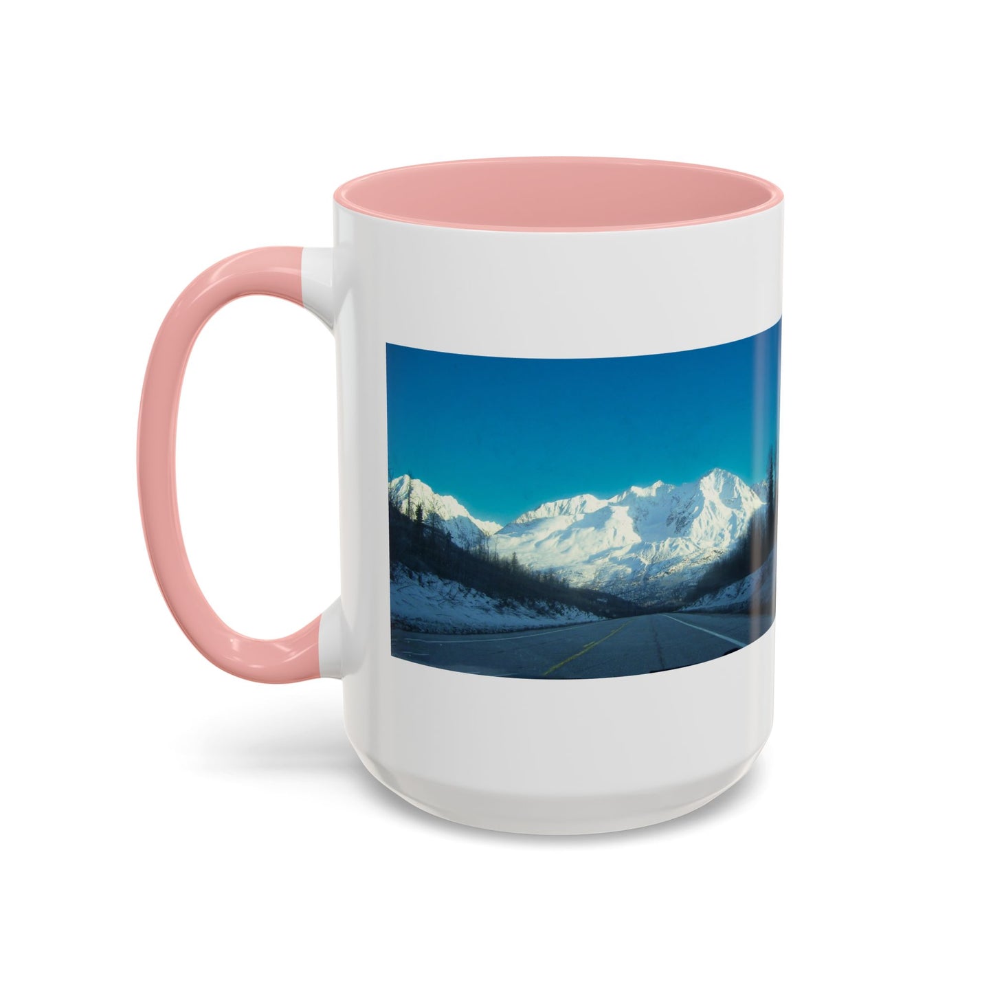 Scenic Mountain Panorama Accent Coffee Mug — Snowy Peaks Travel Coffee Cup (11/15 oz)