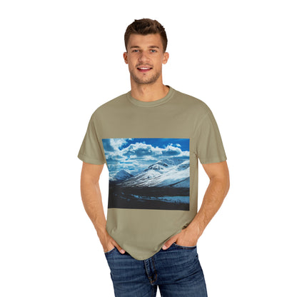 Alpine Majesty: Winter Mountain Panorama, Pristine Snow-Capped Peaks, Wilderness Landscapephotography shirts