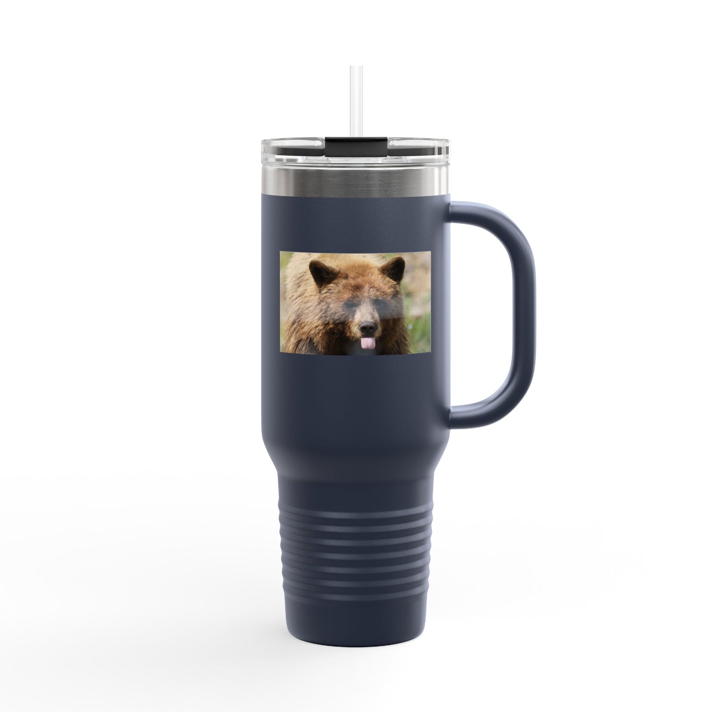 40oz Insulated Travel Mug — Photoreal Bear Photo, Stainless Steel Tumbler with Straw & Handle