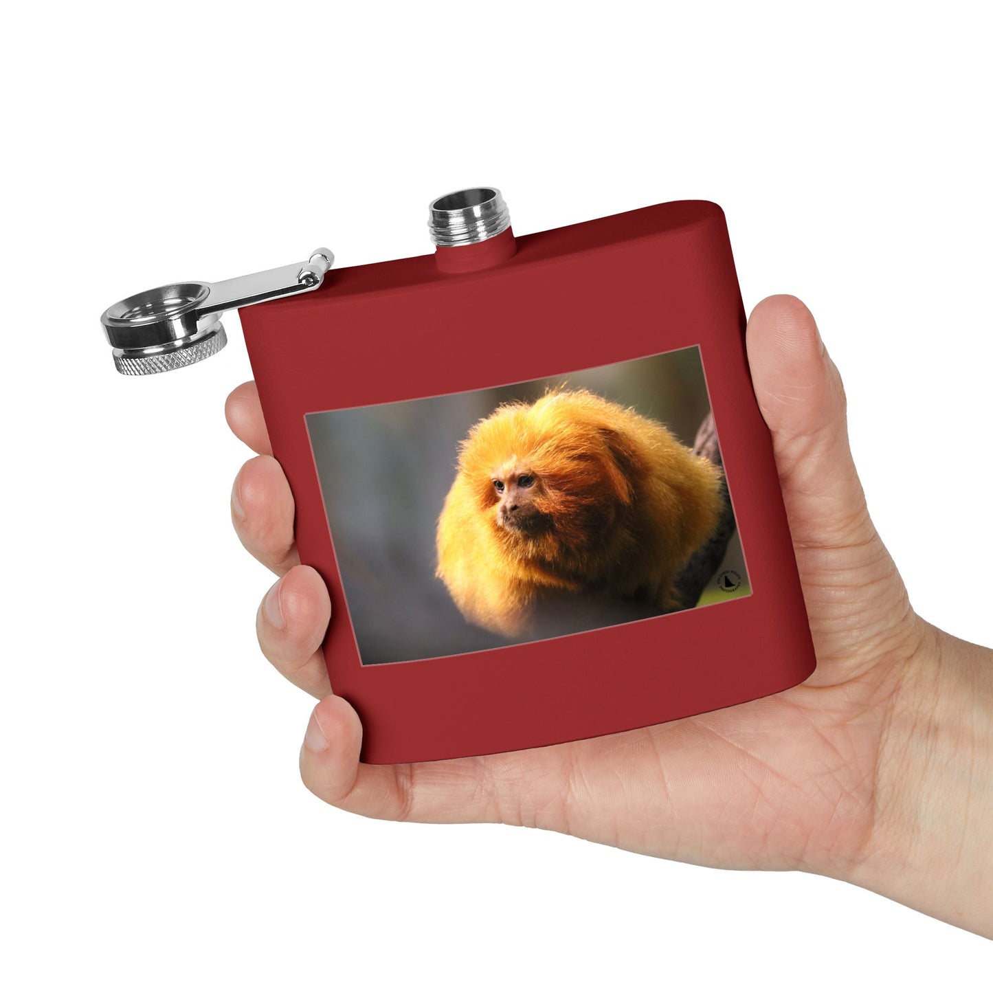 6oz Stainless Steel Flask with Golden Lion Tamarin Photo