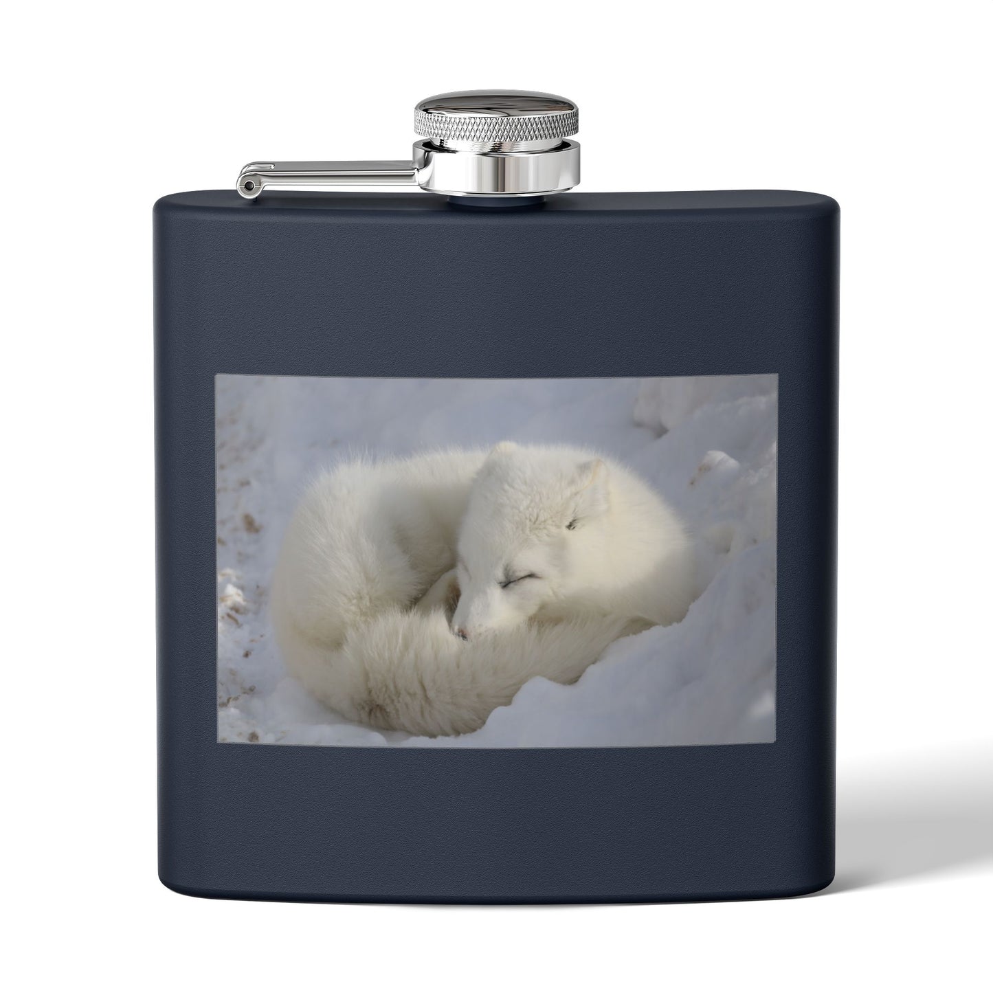 White Arctic Fox Flask — 6oz Stainless Steel Hip Flask with Sleeping Fox Photo