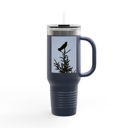 40oz Insulated Travel Mug — Raven Silhouette on Pine (Outdoor Nature Tumbler)