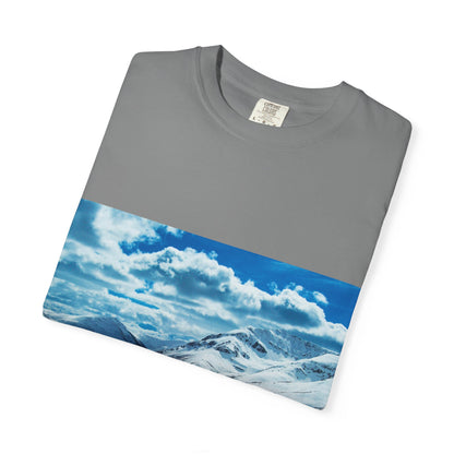 Alpine Majesty: Winter Mountain Panorama, Pristine Snow-Capped Peaks, Wilderness Landscapephotography shirts