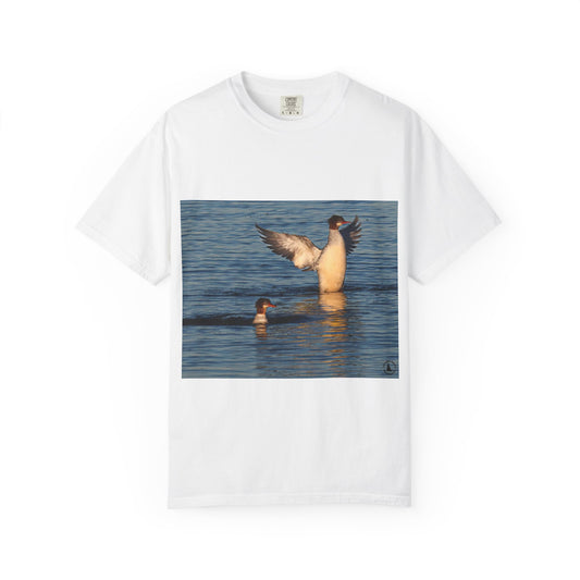 Aquatic Grace: Merganser Moments, Wildlife Photography in Bluephotography shirts