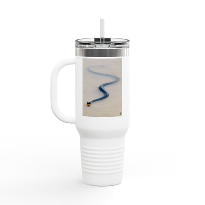 40oz Insulated Travel Mug – Minimal Beach Sand & Blue Wave Design