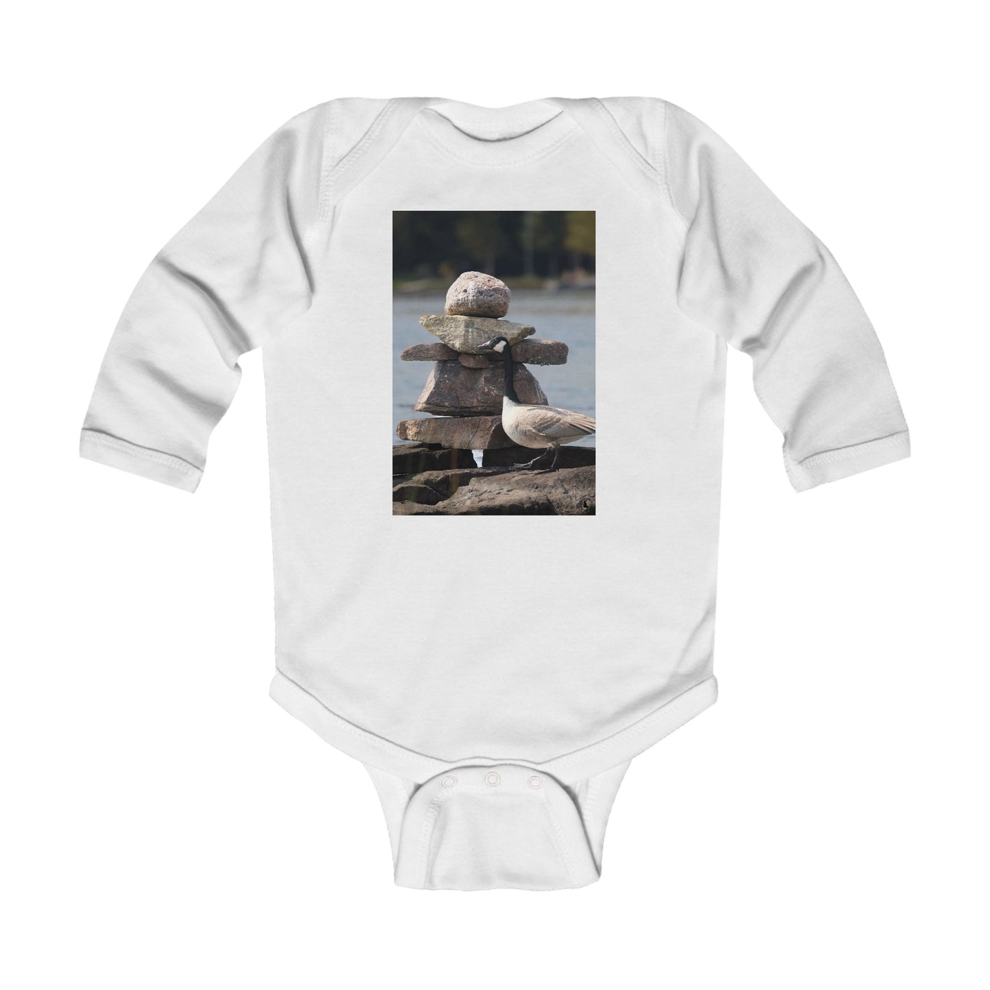 Infant Bodysuit with Stacked Beach Stones & Seagull Photo — Nautical Newborn Gift
