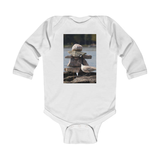 Infant Bodysuit with Stacked Beach Stones & Seagull Photo — Nautical Newborn Gift