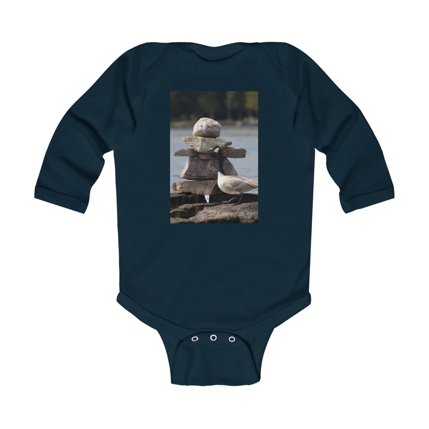 Infant Bodysuit with Stacked Beach Stones & Seagull Photo — Nautical Newborn Gift