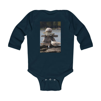 Infant Bodysuit with Stacked Beach Stones & Seagull Photo — Nautical Newborn Gift