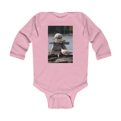 Infant Bodysuit with Stacked Beach Stones & Seagull Photo — Nautical Newborn Gift