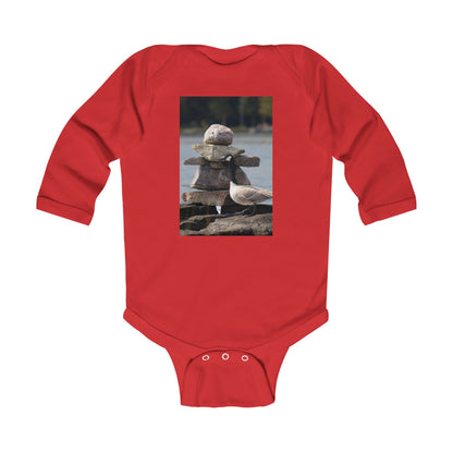 Infant Bodysuit with Stacked Beach Stones & Seagull Photo — Nautical Newborn Gift