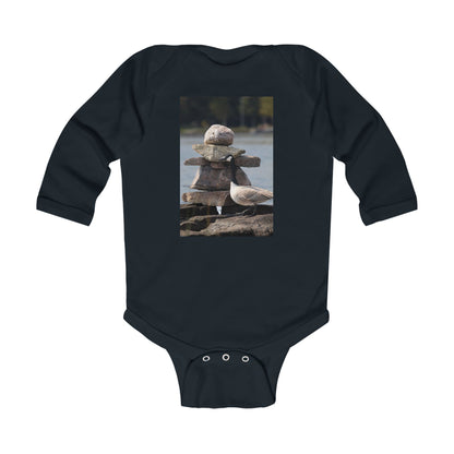 Infant Bodysuit with Stacked Beach Stones & Seagull Photo — Nautical Newborn Gift