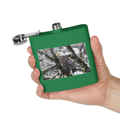 Eagle In Snow 6oz Stainless Steel Hip Flask — Bald Eagle Wildlife Photo Flask, Outdoor Gift for Hunters & Nature Lovers