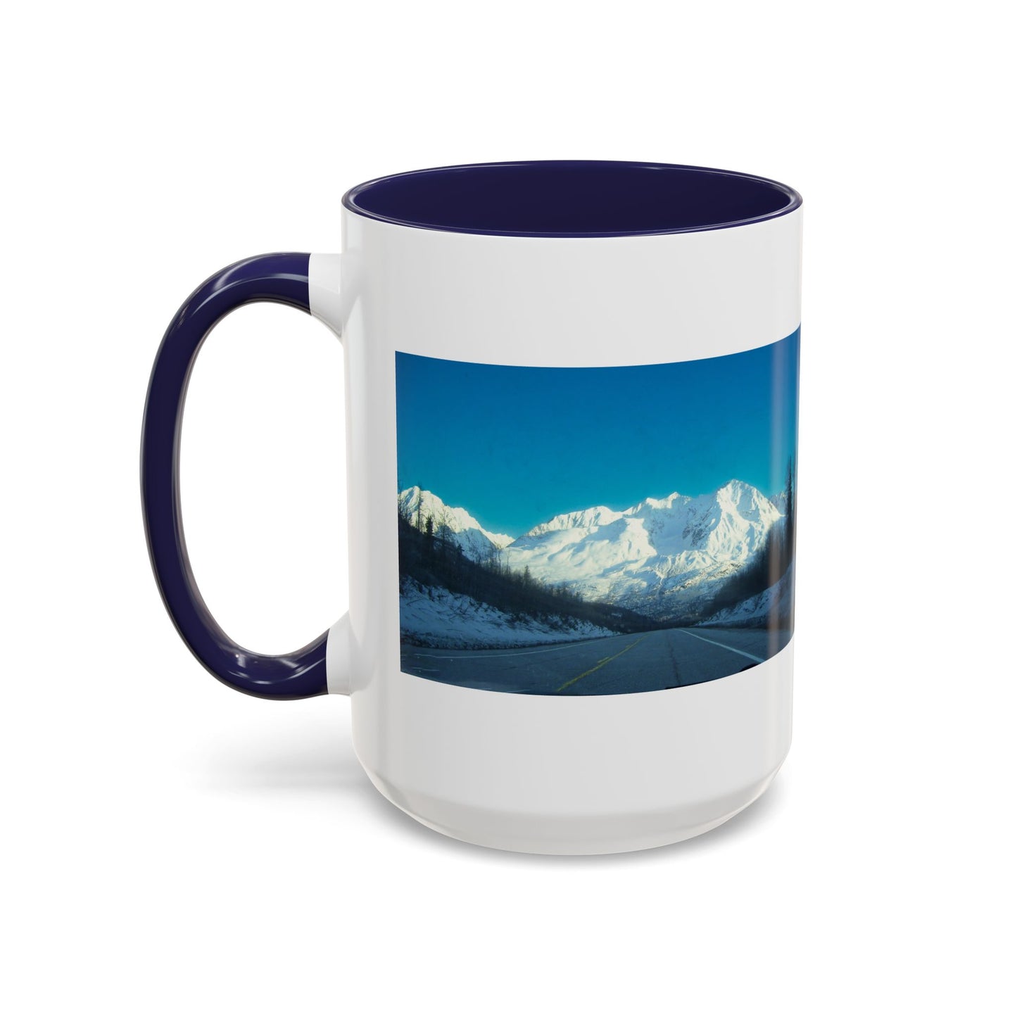 Scenic Mountain Panorama Accent Coffee Mug — Snowy Peaks Travel Coffee Cup (11/15 oz)