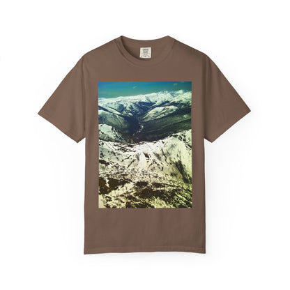 Alpine Winter Panorama: Aerial Mountain Landscape, Snow-Capped Wilderness, Pristine Winter Terrainphotography shirts
