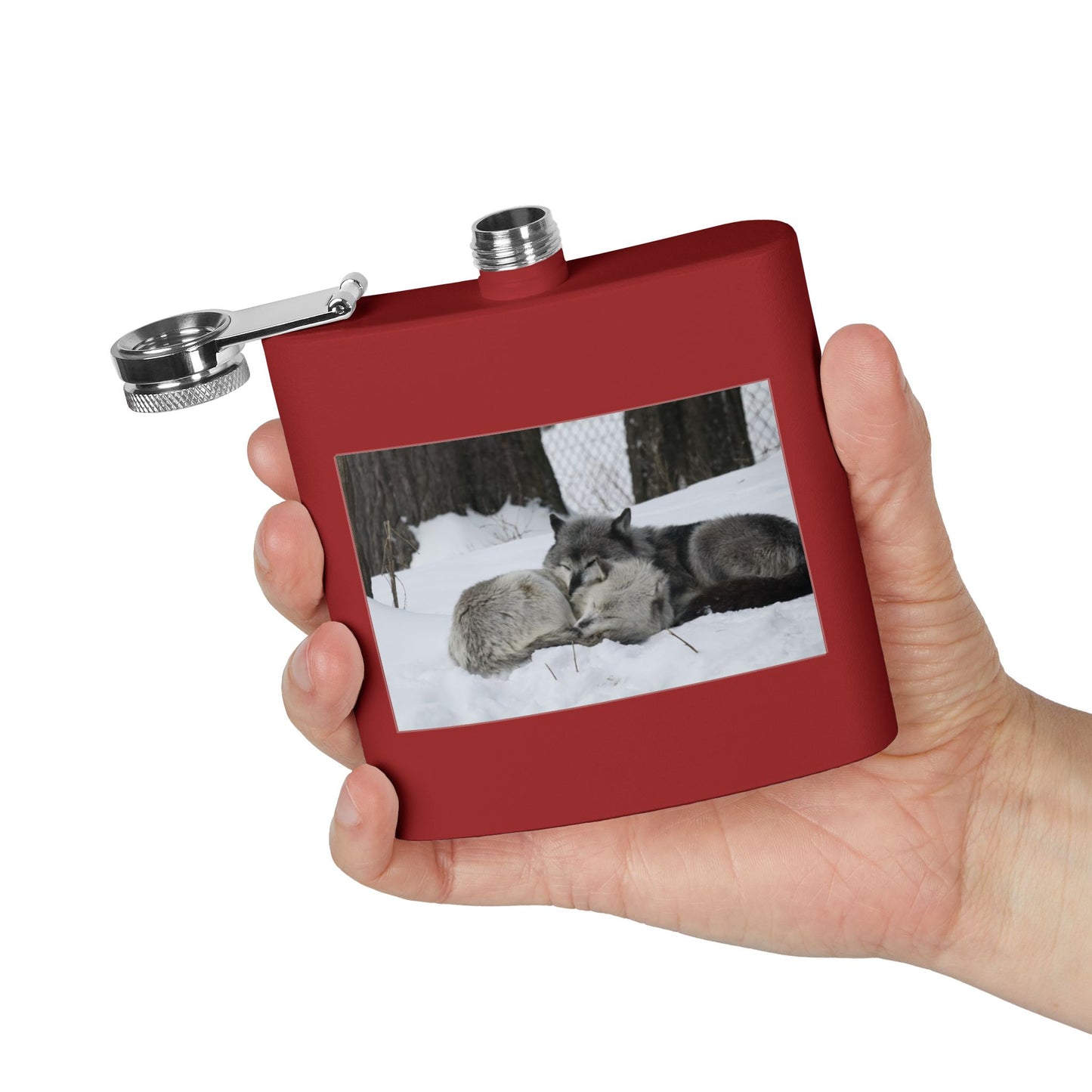Wolf Pair Photo Stainless Steel Flask — 6oz Winter Wildlife Hip Flask