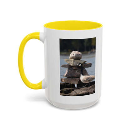 Seaside Rock Cairn Accent Coffee Mug — Coastal Bird & Stacked Stones Photo (11/15oz)