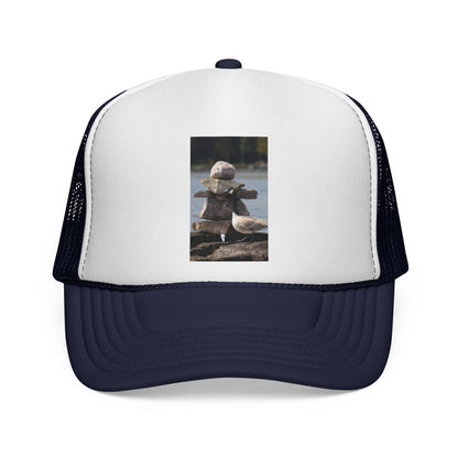 Seagull Stacked Rocks Trucker Cap — Coastal Beach Vibes Hat