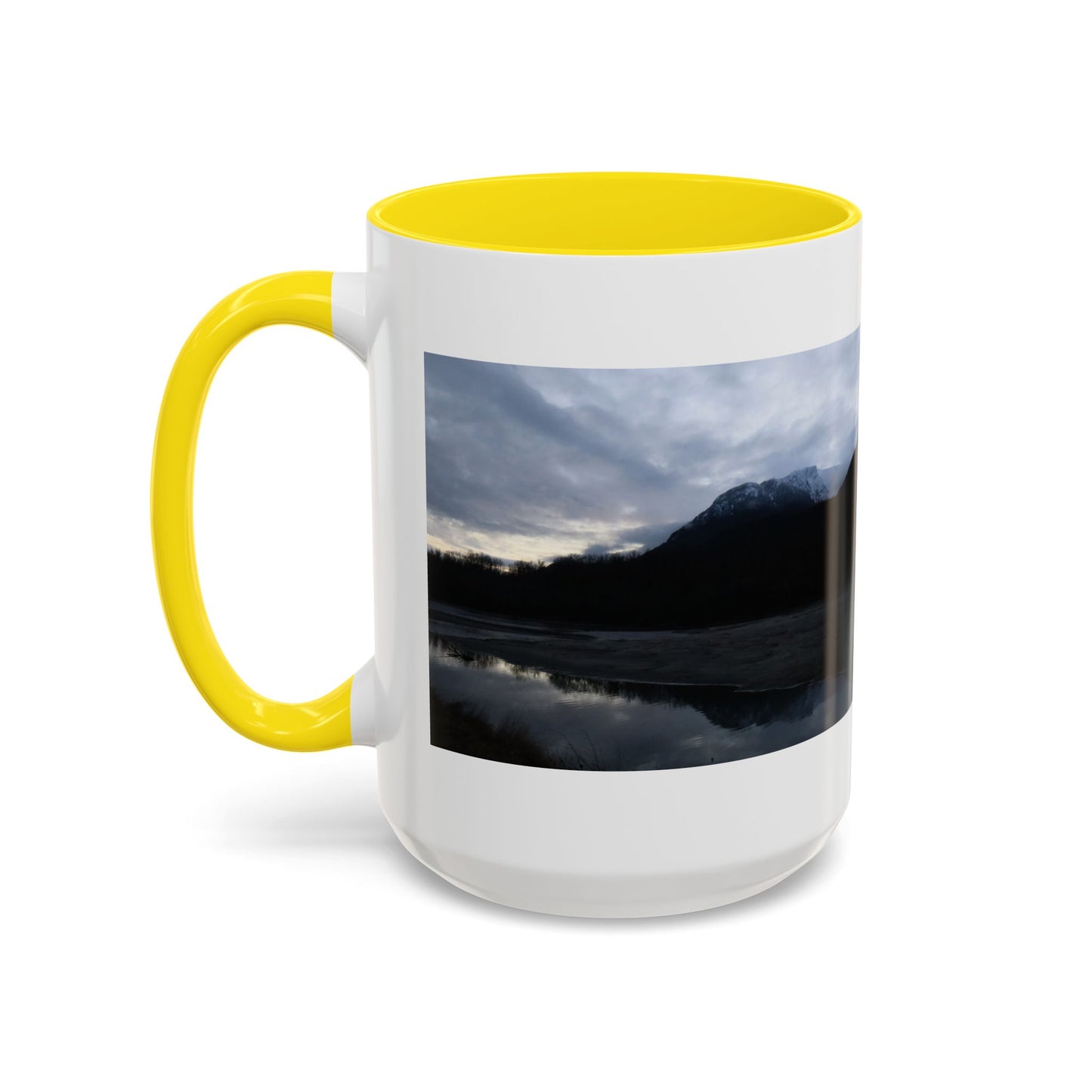 Scenic Mountain Lake Accent Coffee Mug — Moody Sunset Reflection (11oz & 15oz)