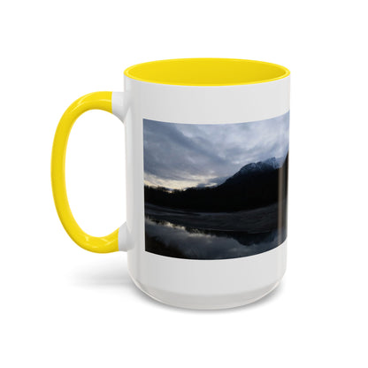 Scenic Mountain Lake Accent Coffee Mug — Moody Sunset Reflection (11oz & 15oz)