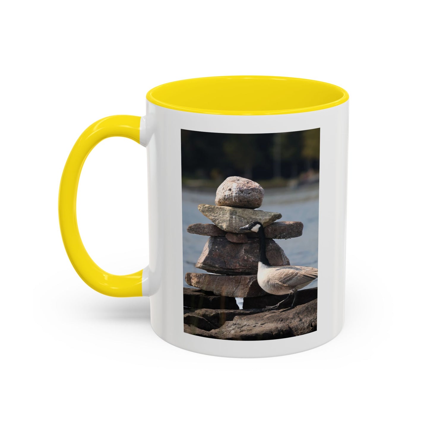 Seaside Rock Cairn Accent Coffee Mug — Coastal Bird & Stacked Stones Photo (11/15oz)