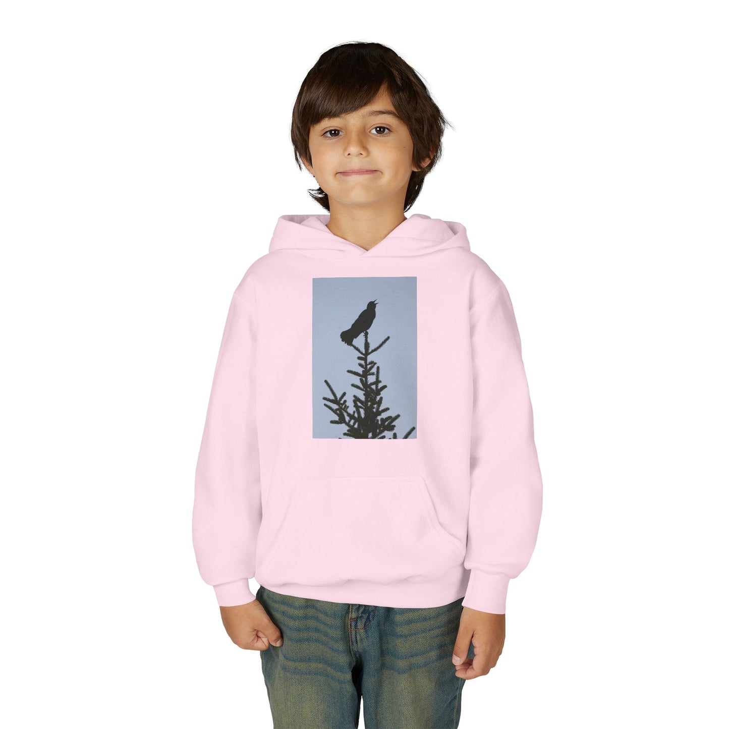 Youth Hoodie with Raven Silhouette on Pine — Cozy Nature Kids Sweatshirt