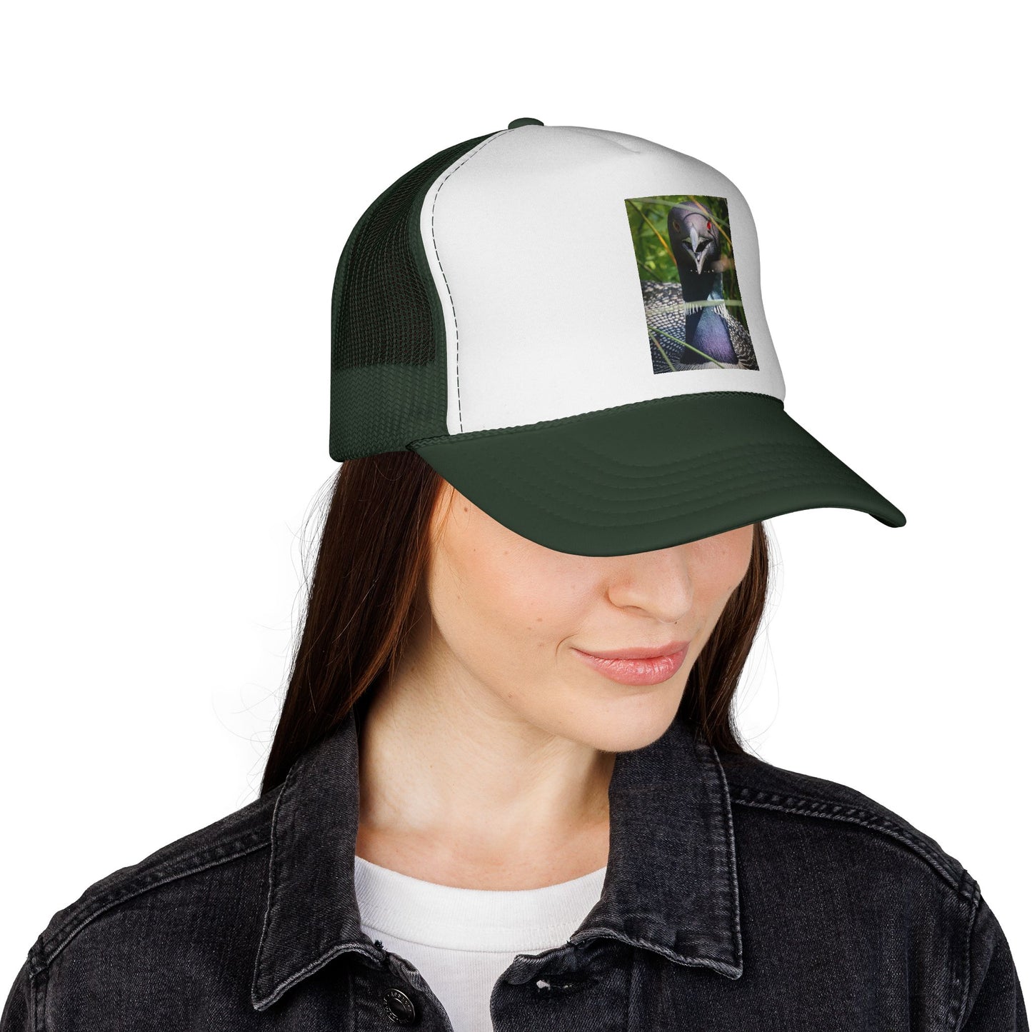 Peacock Portrait Trucker Cap — Colorful Bird Photo Mesh Hat