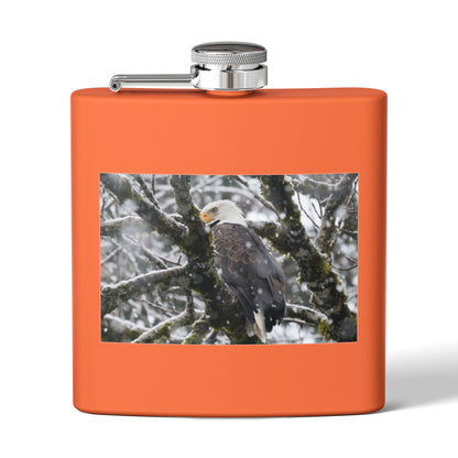 Eagle In Snow 6oz Stainless Steel Hip Flask — Bald Eagle Wildlife Photo Flask, Outdoor Gift for Hunters & Nature Lovers