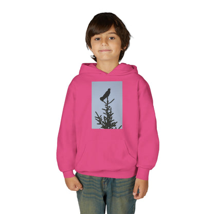 Youth Hoodie with Raven Silhouette on Pine — Cozy Nature Kids Sweatshirt