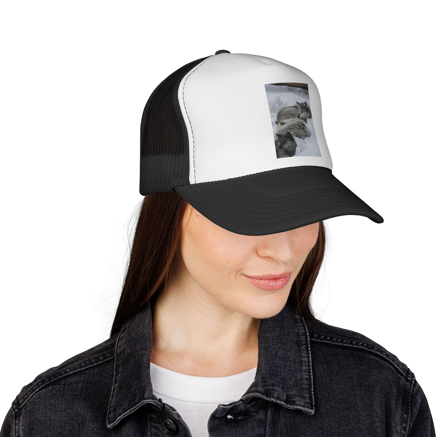Wolf Pack Trucker Cap — Cozy Snow Wildlife Photo Hat