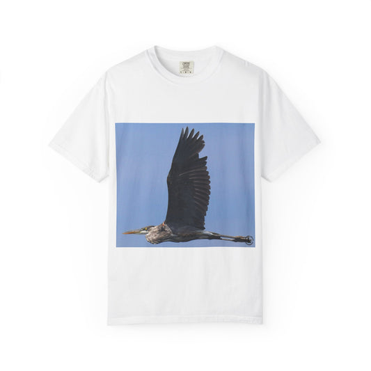 Aerial Grace: Great Blue Heron in Flight, Wildlife Photography Masterpiecephotography shirts