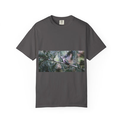 Emerald Wings: Hummingbird in Conifer Haven, Wildlife Macro Photographyphotography shirts