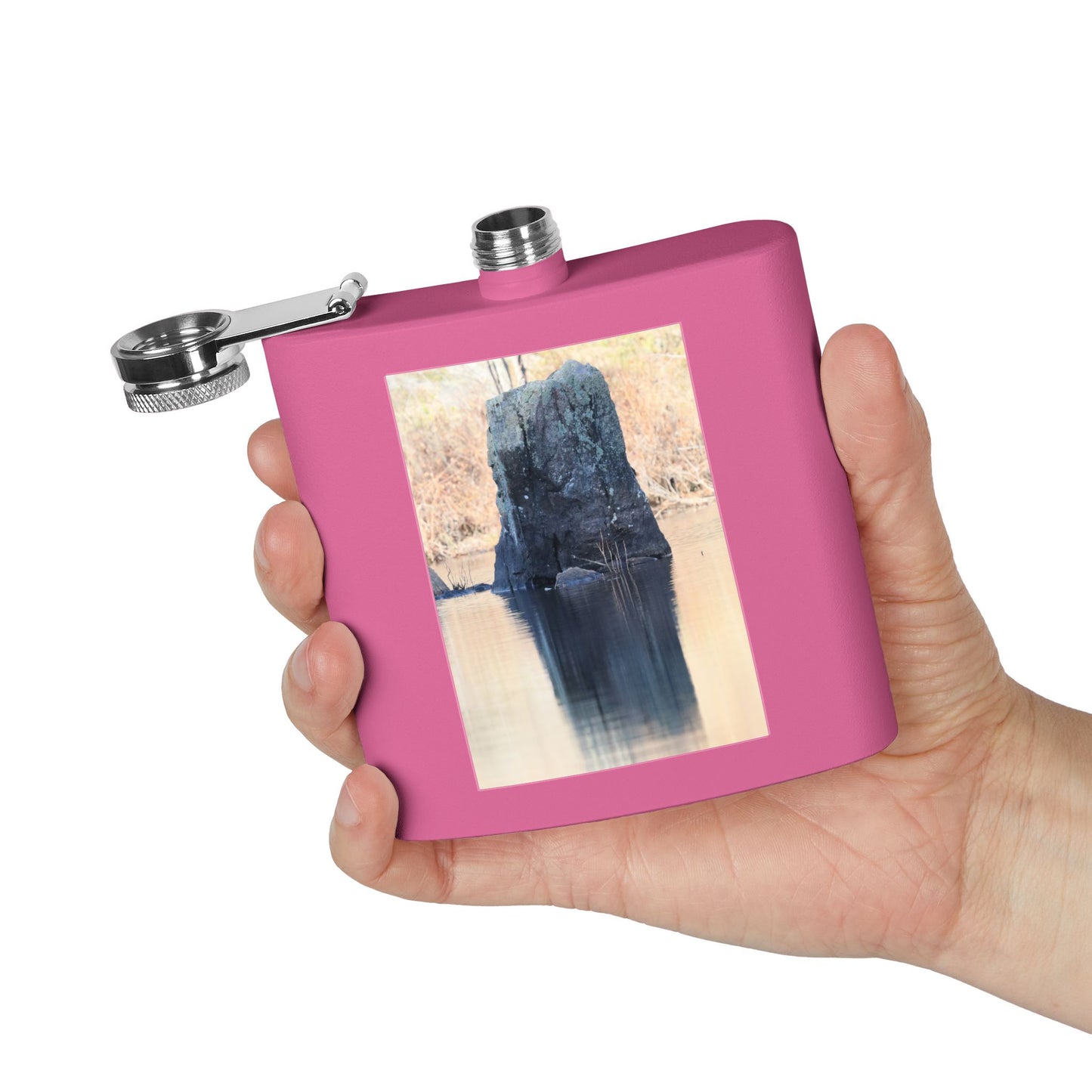 6oz Stainless Steel Flask with Tranquil Lake Rock Photo – Portable Outdoor Hip Flask