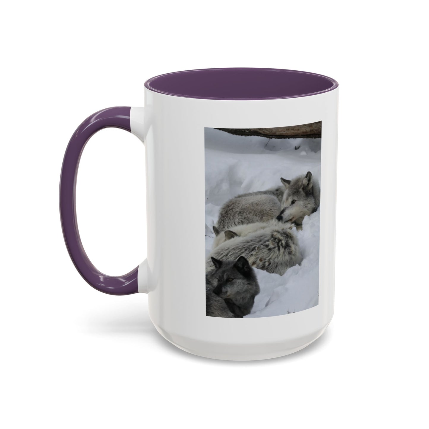 Wolf Pack Coffee Mug – Accent Black Handle 11/15oz, Winter Wildlife Photo