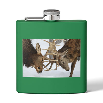 6oz Stainless Steel Flask — Wildlife Photo: Two Bucks Locking Antlers (Hunting Gift)