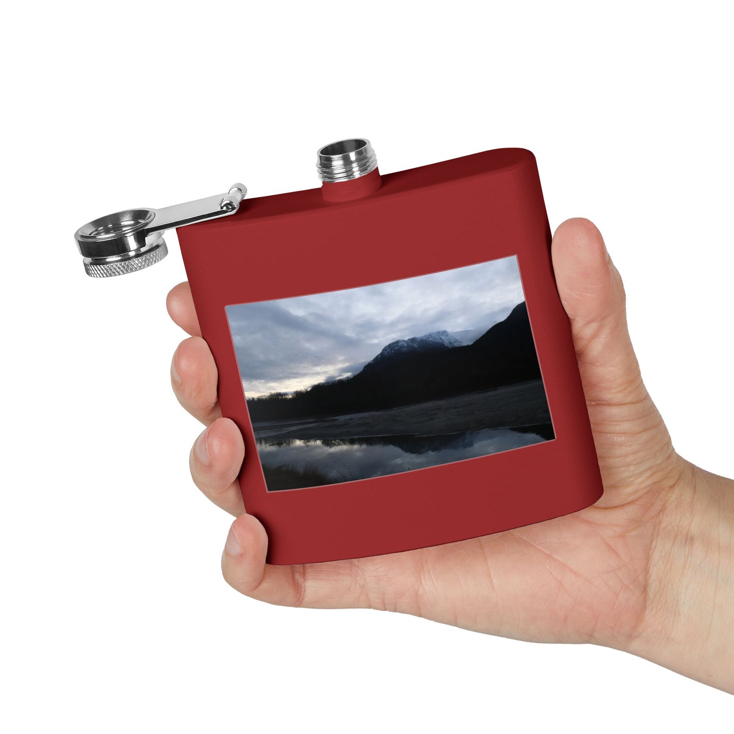 Mountain Lake Evening Stainless Steel Flask — 6oz Wilderness Hip Flask