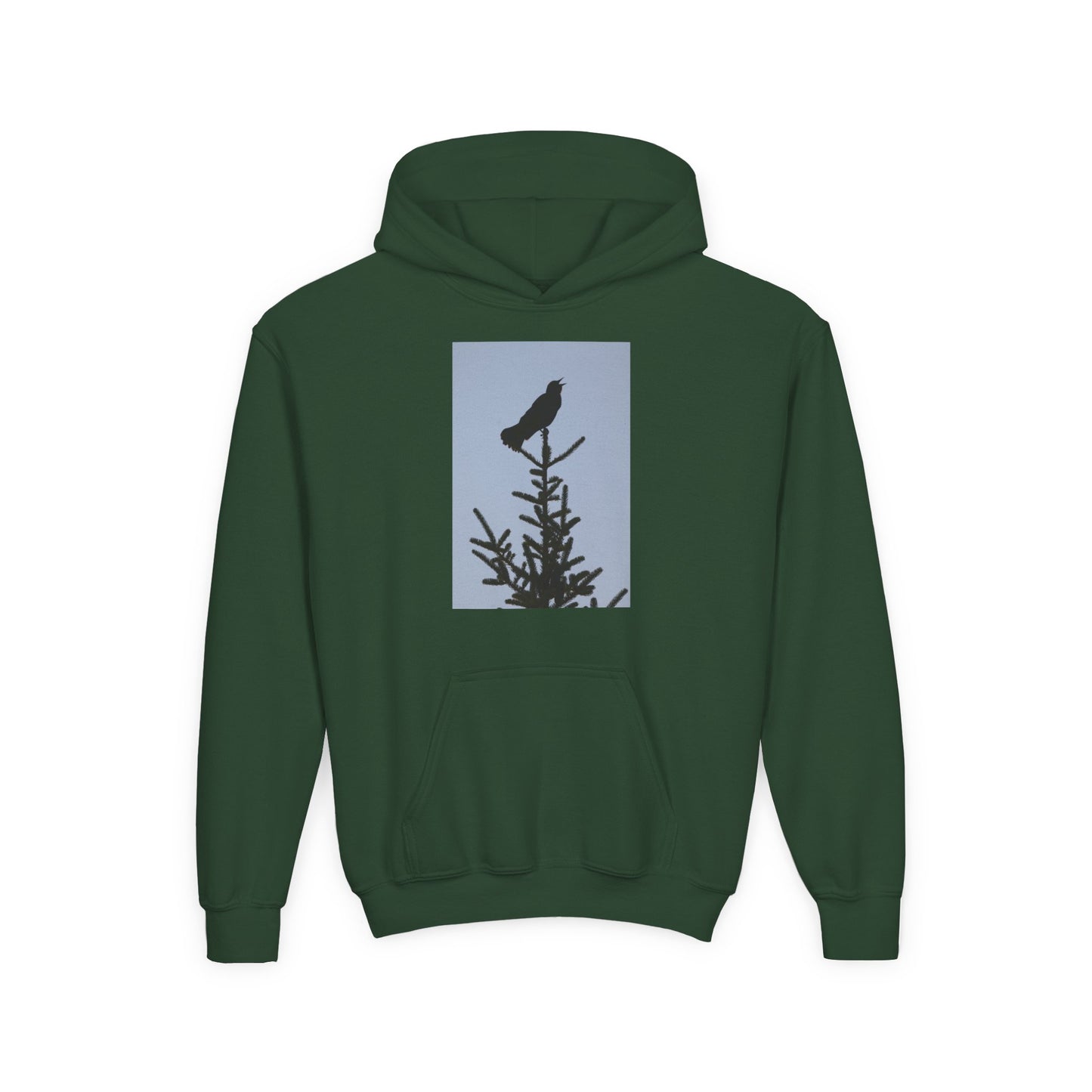 Youth Hoodie with Raven Silhouette on Pine — Cozy Nature Kids Sweatshirt