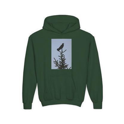 Youth Hoodie with Raven Silhouette on Pine — Cozy Nature Kids Sweatshirt