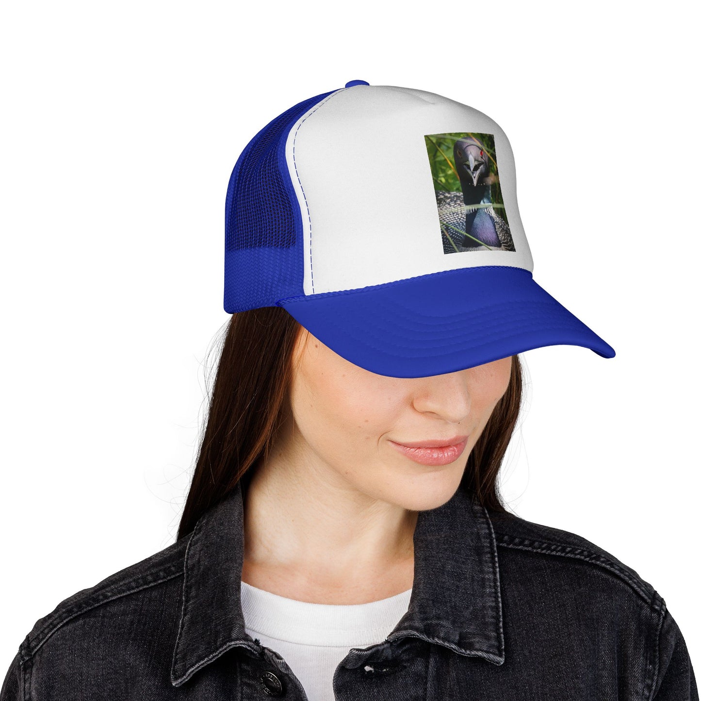 Peacock Portrait Trucker Cap — Colorful Bird Photo Mesh Hat