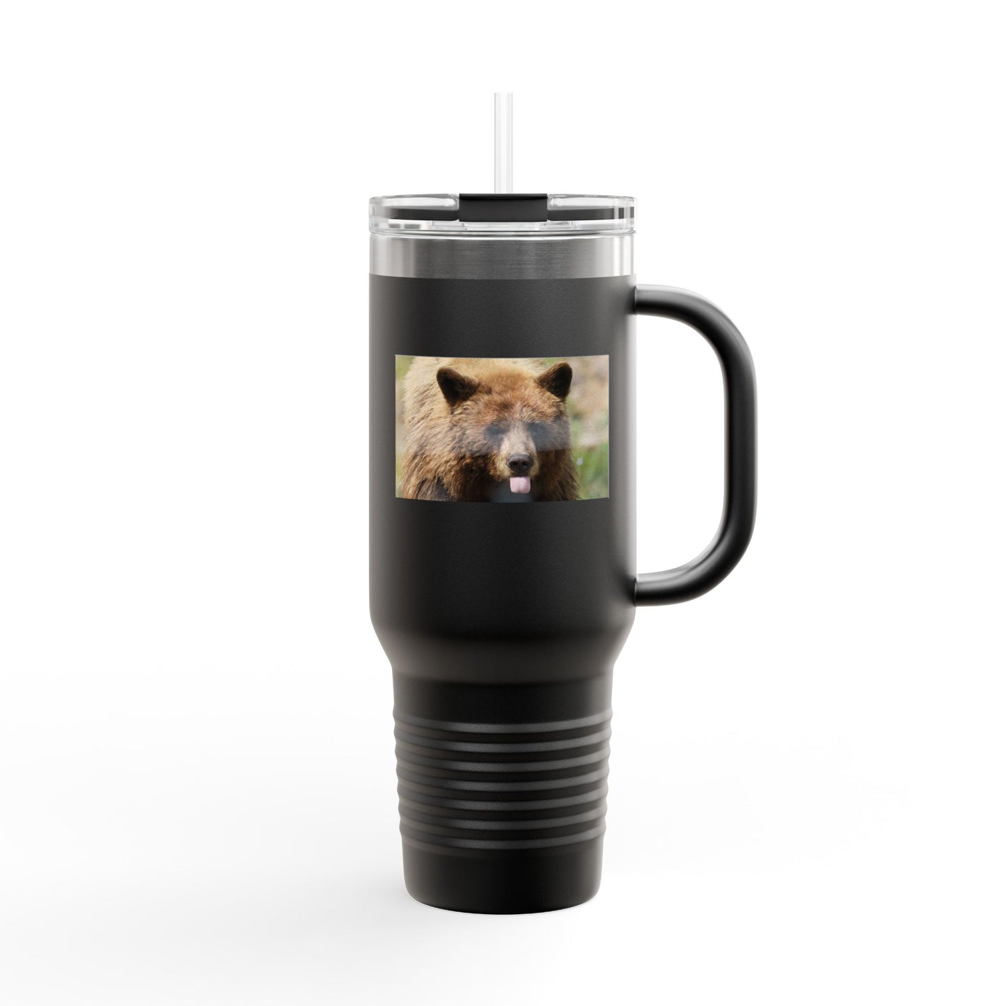 40oz Insulated Travel Mug — Photoreal Bear Photo, Stainless Steel Tumbler with Straw & Handle
