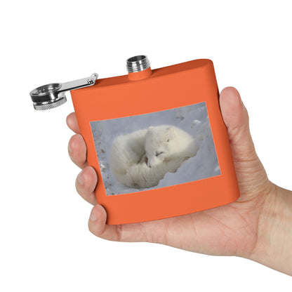 White Arctic Fox Flask — 6oz Stainless Steel Hip Flask with Sleeping Fox Photo