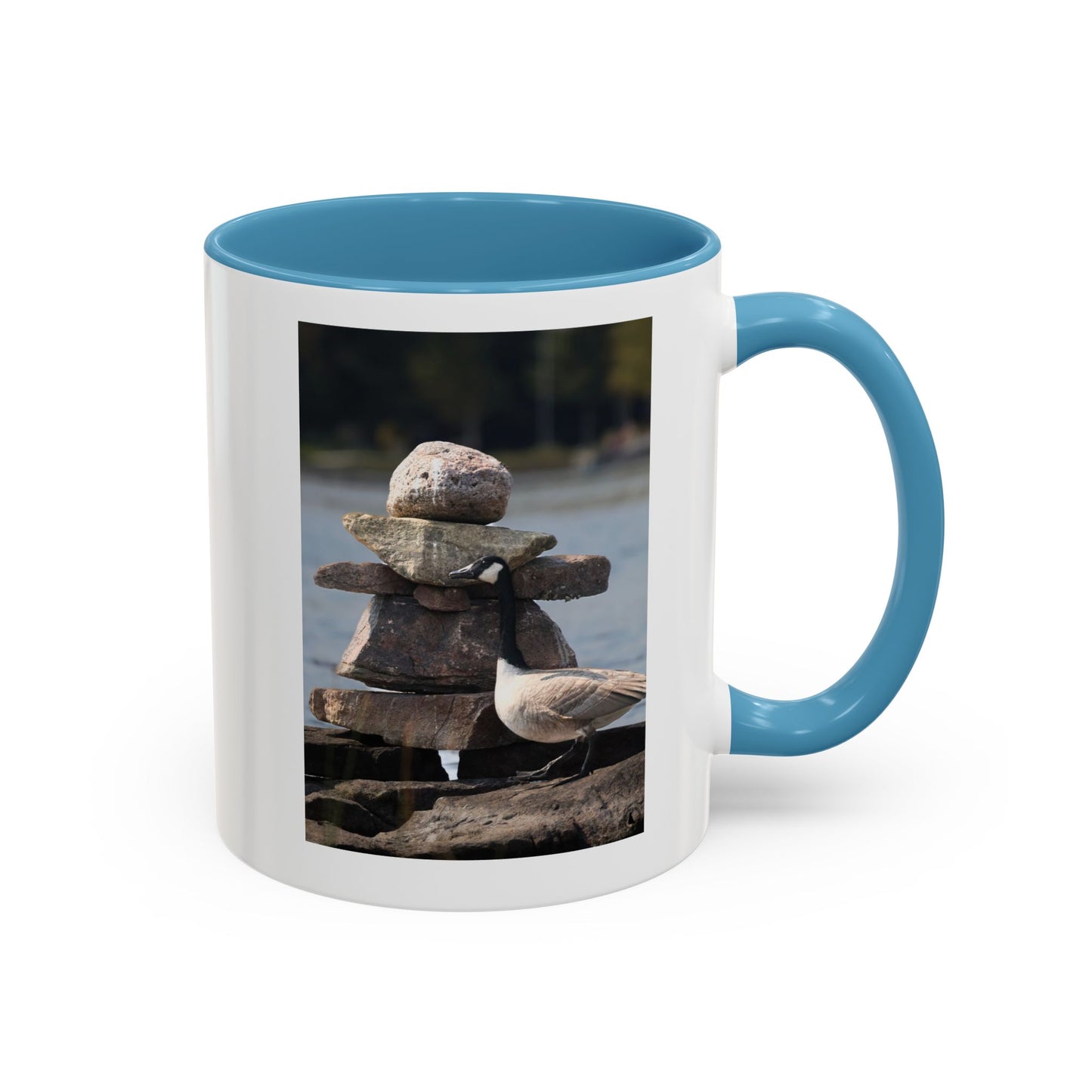 Seaside Rock Cairn Accent Coffee Mug — Coastal Bird & Stacked Stones Photo (11/15oz)