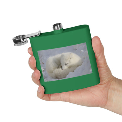 White Arctic Fox Flask — 6oz Stainless Steel Hip Flask with Sleeping Fox Photo
