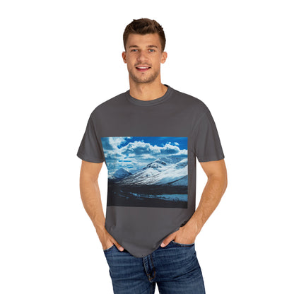 Alpine Majesty: Winter Mountain Panorama, Pristine Snow-Capped Peaks, Wilderness Landscapephotography shirts