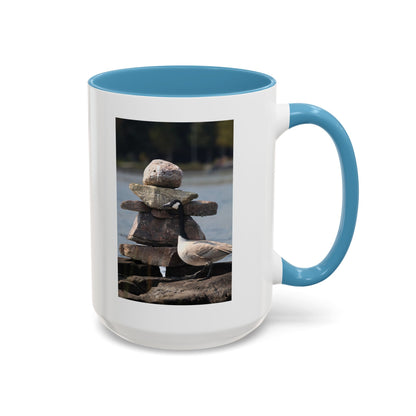Seaside Rock Cairn Accent Coffee Mug — Coastal Bird & Stacked Stones Photo (11/15oz)