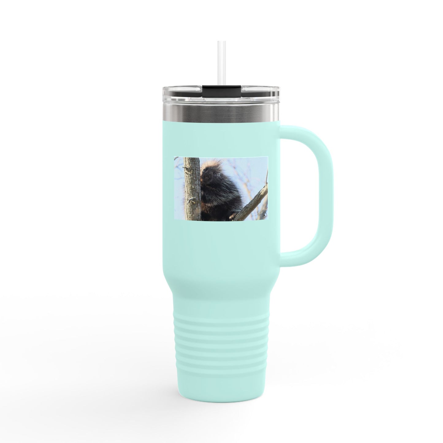 40oz Insulated Travel Mug with Cozy Raccoon Photo — Large Stainless Steel Tumbler for Road Trips & Outdoor Lovers