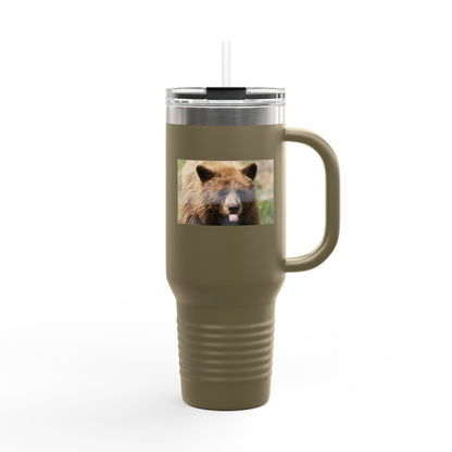 40oz Insulated Travel Mug — Photoreal Bear Photo, Stainless Steel Tumbler with Straw & Handle