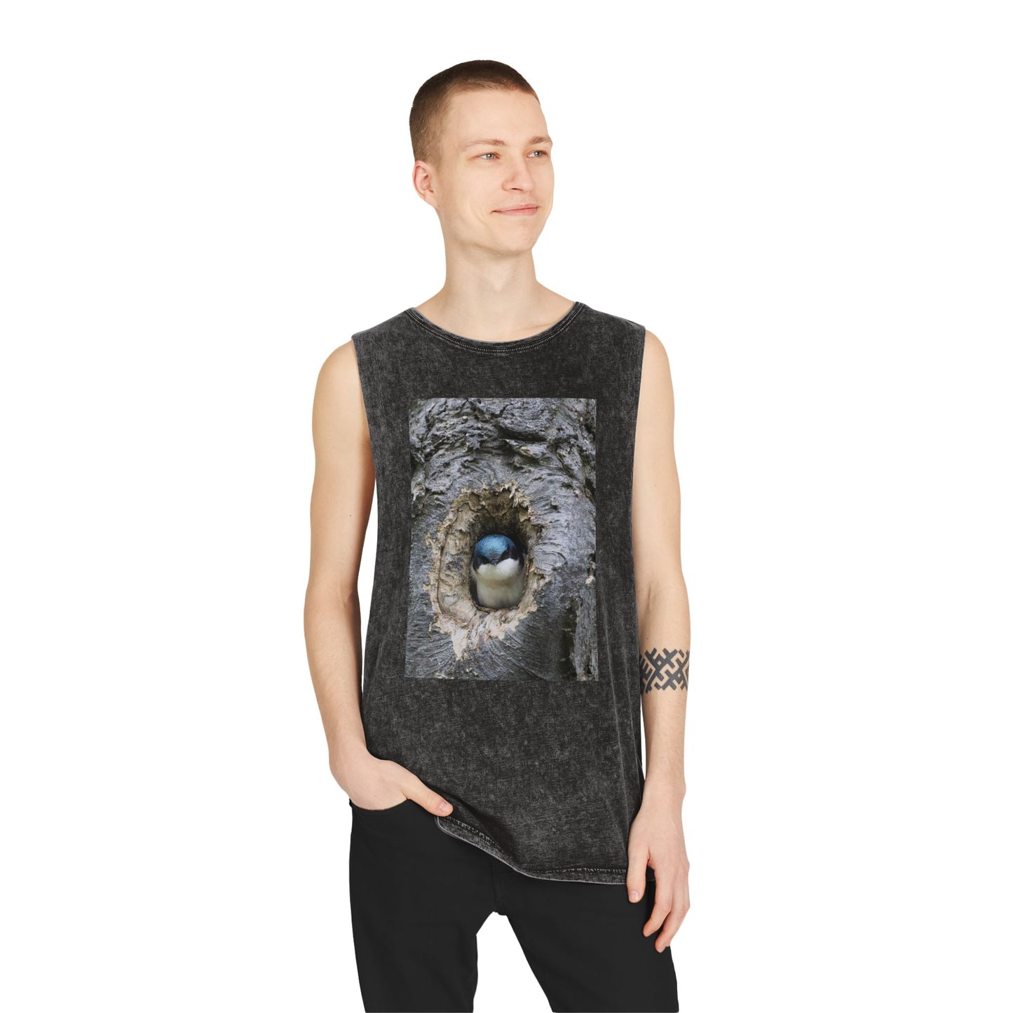Bird Nest Photo Tank Top — Stonewash Sleeveless Tee with Chick in Hollow Tree
